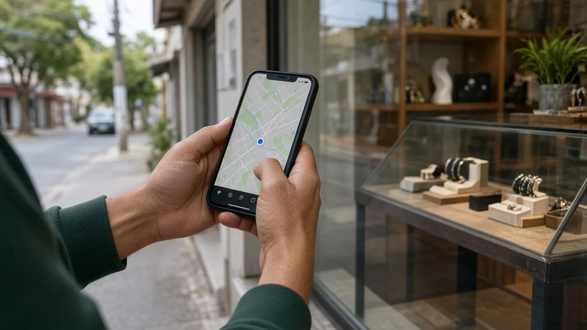 Detalhe prático: maos seguram smartphone com app de mapa perto de vitrine, em projeto editorial Zero 1 Page com materiais e luz natural à vista.