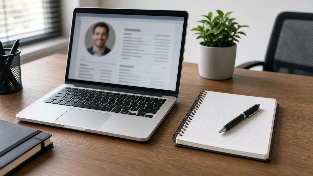 Detalhe prático: notebook aberto com ficha de empresa e bloco de notas na mesa, em projeto editorial Zero 1 Page com materiais e luz natural à vista.