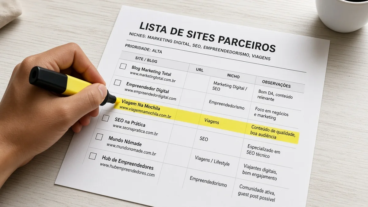 Detalhe prático: impressao de lista de sites parceiros com marca texto amarela, em projeto editorial Zero 1 Page com materiais e luz natural à vista.
