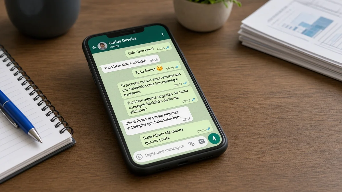 Detalhe prático: smartphone com chat whatsapp sobre mesa de home office, em projeto editorial Zero 1 Page com materiais e luz natural à vista.