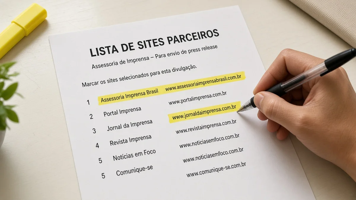 Detalhe prático: impressao de lista de sites parceiros com marca texto amarela, em projeto editorial Zero 1 Page com materiais e luz natural à vista.