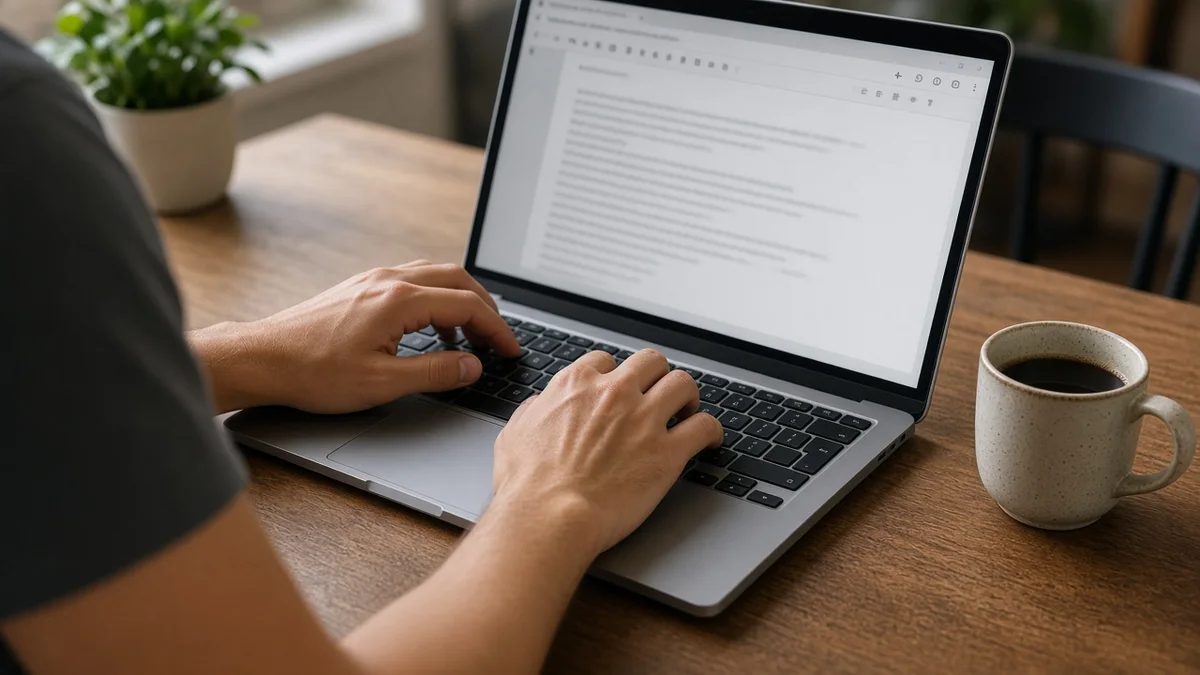 Detalhe prático: maos digitam texto de oferta em notebook com cafe ao lado, em projeto editorial Zero 1 Page com materiais e luz natural à vista.