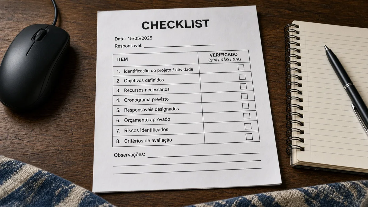 Detalhe prático: checklist impresso de seo ao lado de mouse e caderno aberto, em projeto editorial Zero 1 Page com materiais e luz natural à vista.