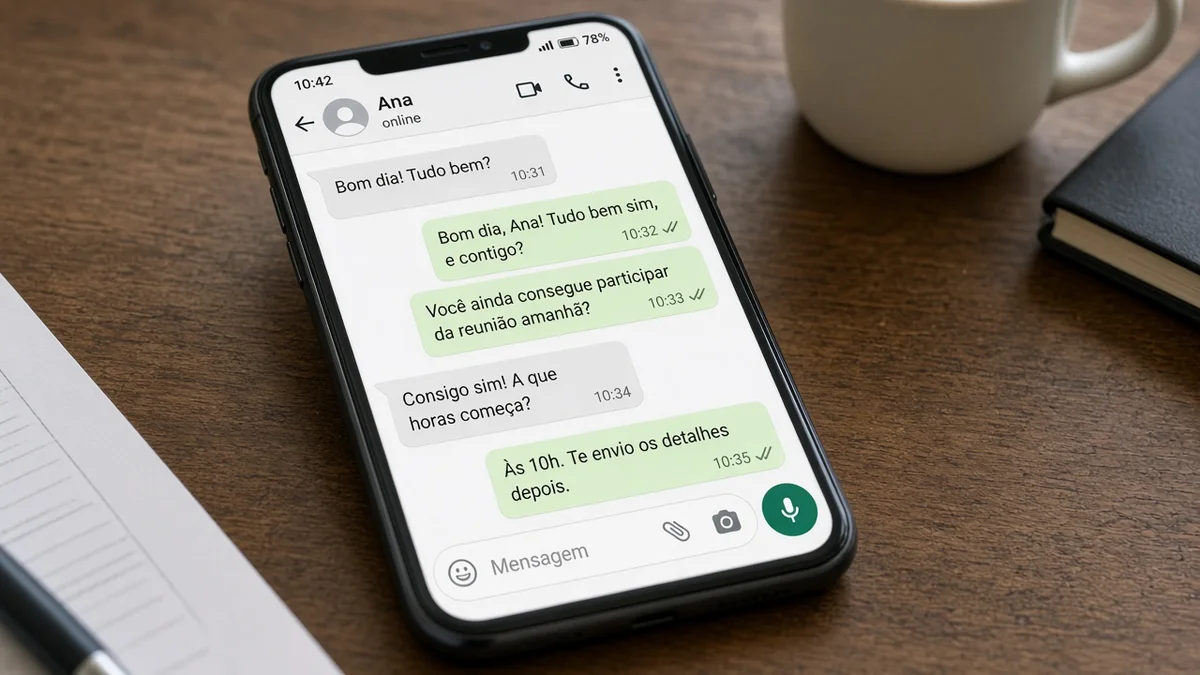 Detalhe prático: smartphone com chat whatsapp sobre mesa de home office, em projeto editorial Zero 1 Page com materiais e luz natural à vista.