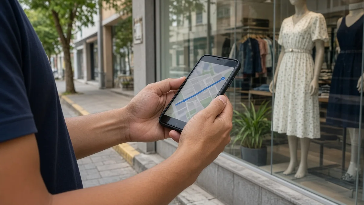 Detalhe prático: maos seguram smartphone com rota no mapa perto de vitrine de comercio, em projeto editorial Zero 1 Page com materiais e luz natural à vista.