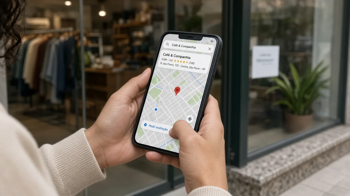 Detalhe prático: maos seguram smartphone com app de mapa perto de vitrine, em projeto editorial Zero 1 Page com materiais e luz natural à vista.