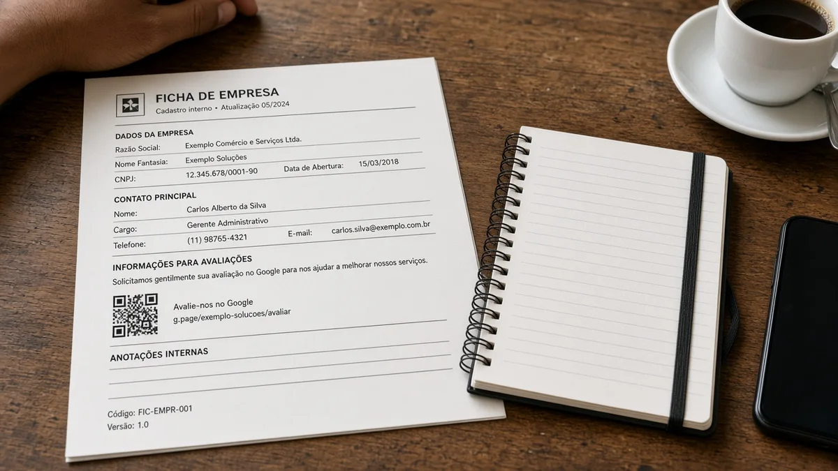 Detalhe prático: notebook aberto com ficha de empresa e bloco de notas na mesa, em projeto editorial Zero 1 Page com materiais e luz natural à vista.