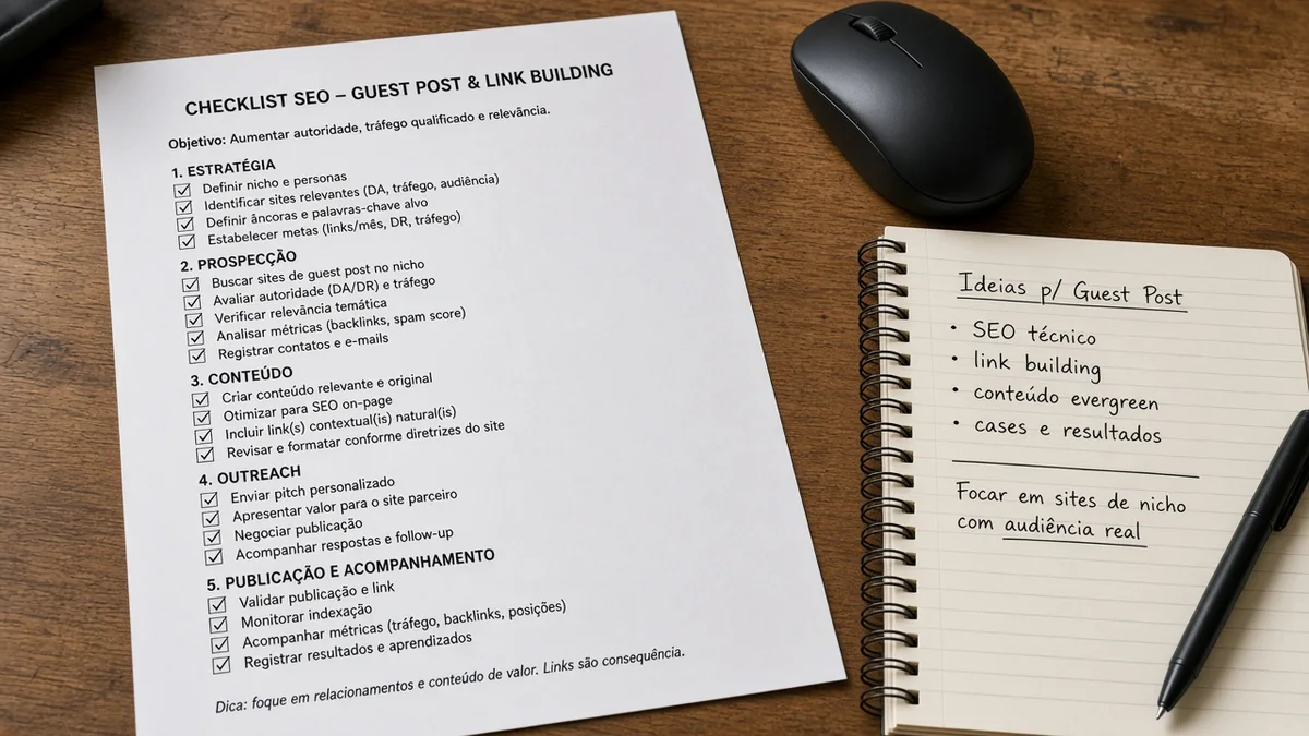 Detalhe prático: checklist impresso de seo ao lado de mouse e caderno aberto, em projeto editorial Zero 1 Page com materiais e luz natural à vista.