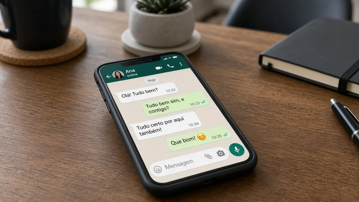 Detalhe prático: smartphone com chat whatsapp sobre mesa de home office, em projeto editorial Zero 1 Page com materiais e luz natural à vista.