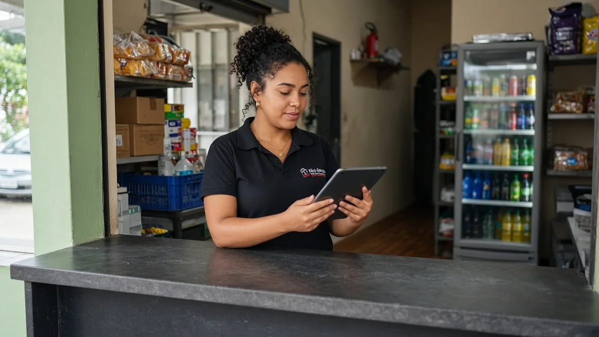 Detalhe prático: atendente responde avaliacao no tablet sobre balcao do comercio, em projeto editorial Zero 1 Page com materiais e luz natural à vista.