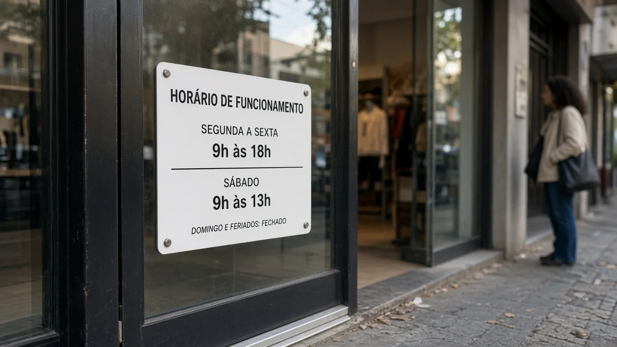 Detalhe prático: placa de horario na porta com cliente consultando celular na calcada, em projeto editorial Zero 1 Page com materiais e luz natural à vista.