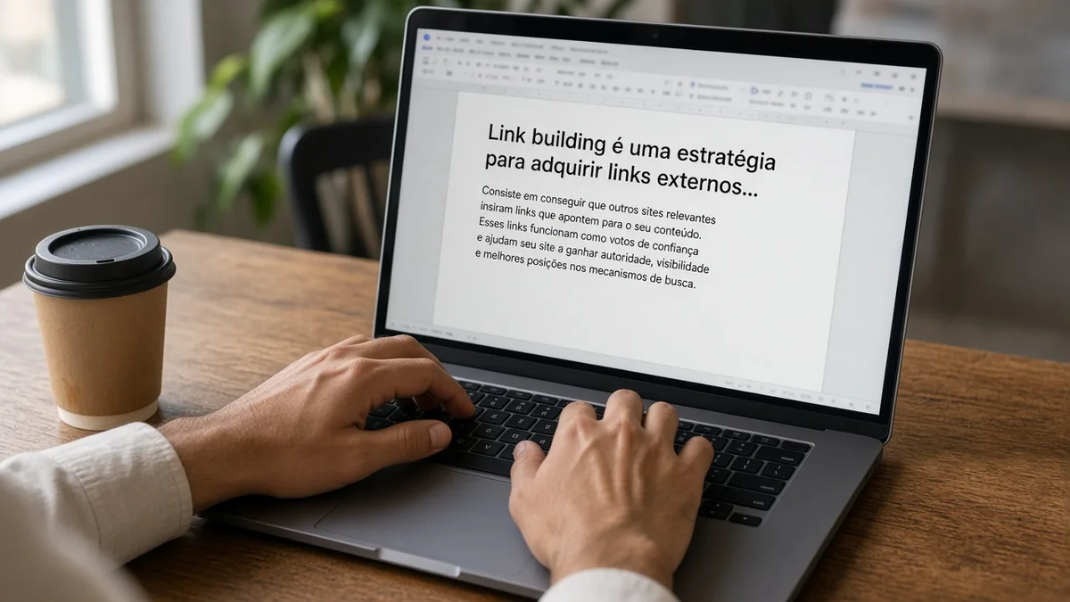 Detalhe prático: maos digitam texto de oferta em notebook com cafe ao lado, em projeto editorial Zero 1 Page com materiais e luz natural à vista.