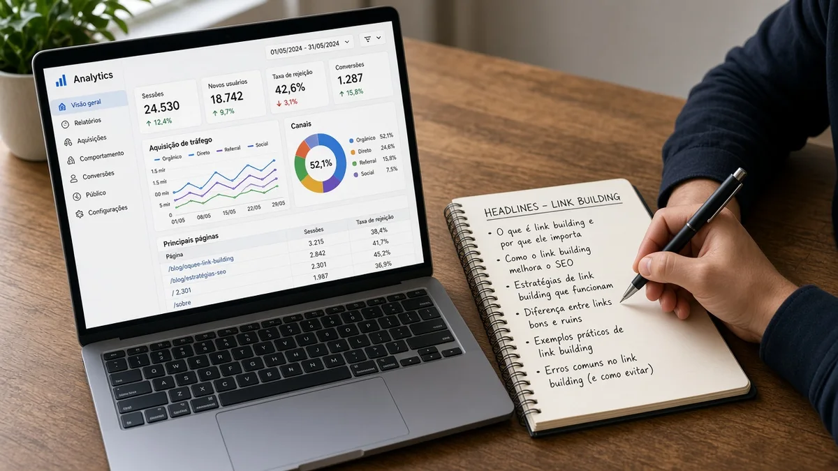 Detalhe prático: tela de analytics aberta ao lado de caderno de headlines, em projeto editorial Zero 1 Page com materiais e luz natural à vista.
