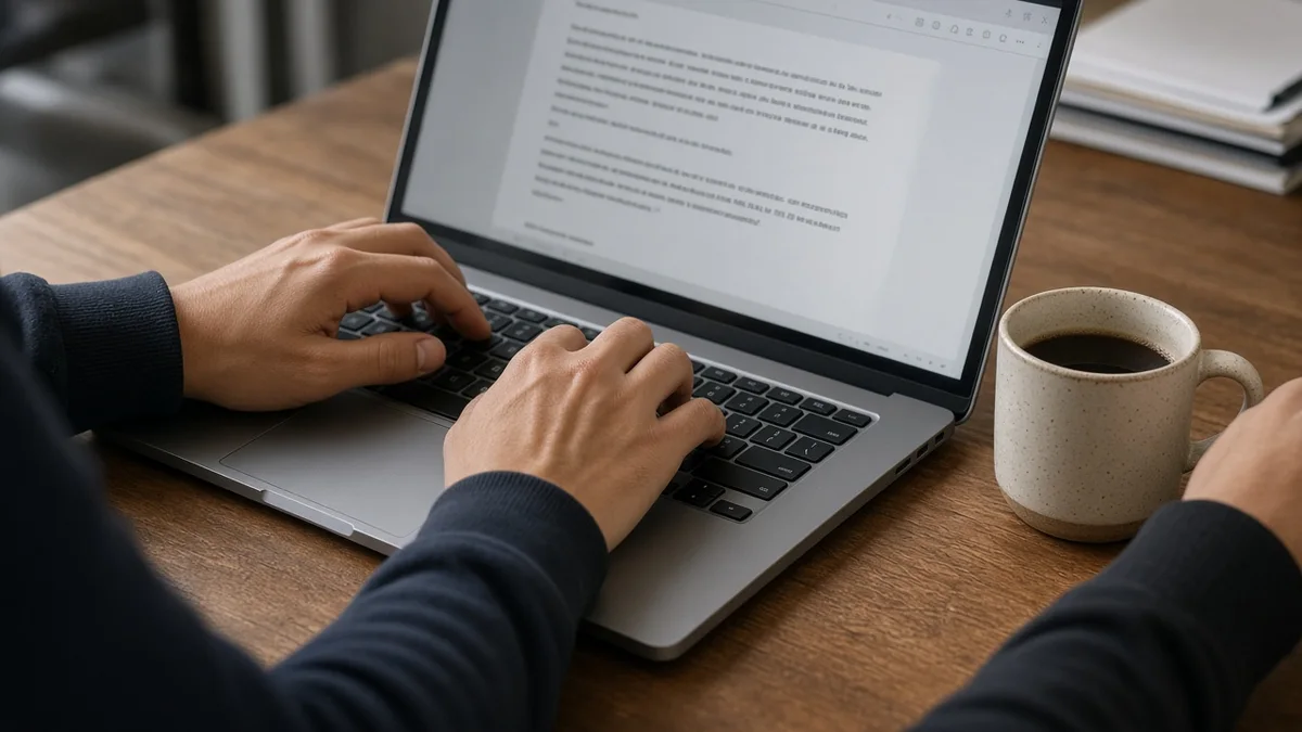 Detalhe prático: maos digitam texto de oferta em notebook com cafe ao lado, em projeto editorial Zero 1 Page com materiais e luz natural à vista.