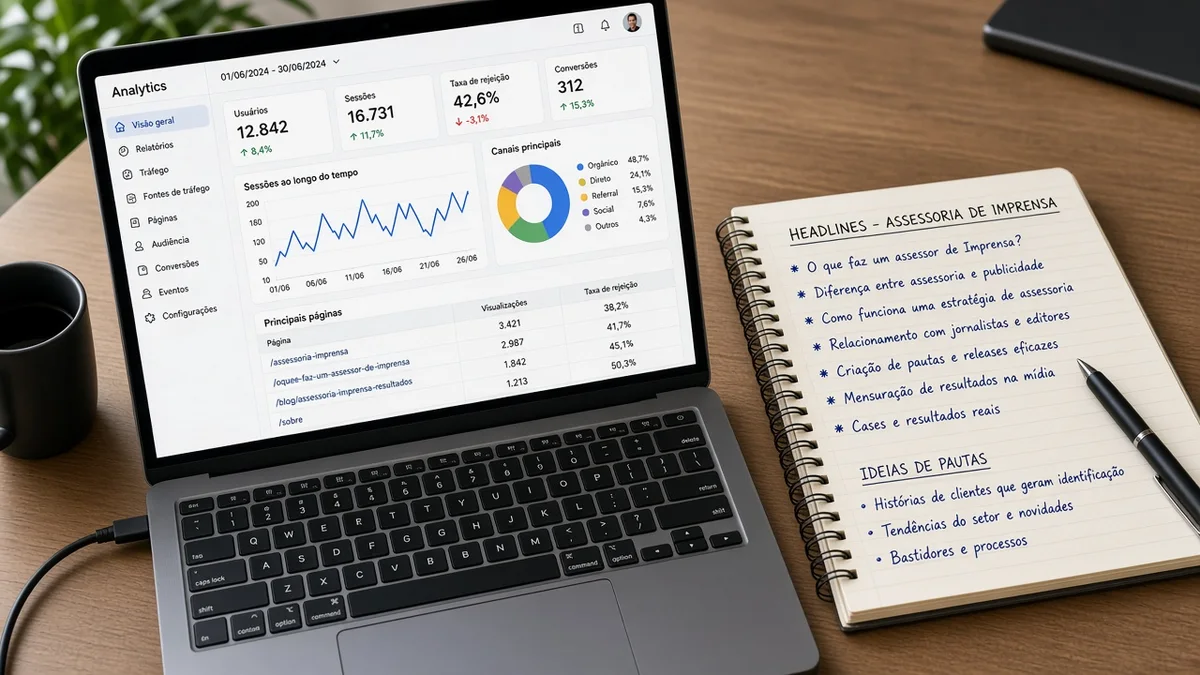 Detalhe prático: tela de analytics aberta ao lado de caderno de headlines, em projeto editorial Zero 1 Page com materiais e luz natural à vista.