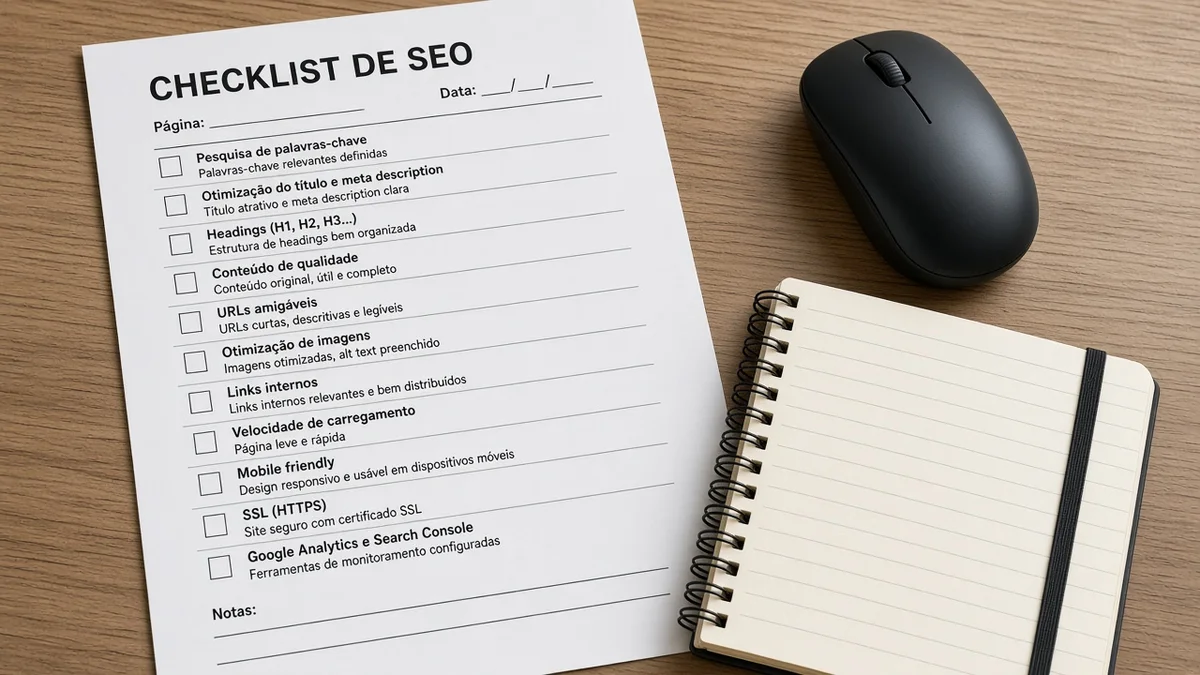 Detalhe prático: checklist impresso de seo ao lado de mouse e caderno aberto, em projeto editorial Zero 1 Page com materiais e luz natural à vista.