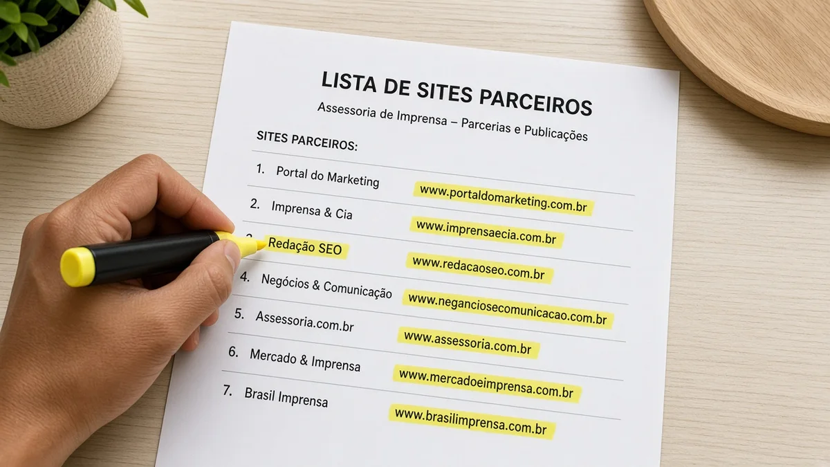 Detalhe prático: impressao de lista de sites parceiros com marca texto amarela, em projeto editorial Zero 1 Page com materiais e luz natural à vista.