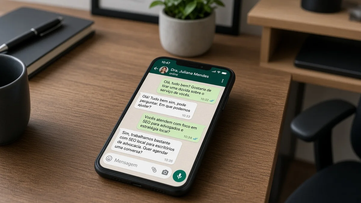 Detalhe prático: smartphone com chat whatsapp sobre mesa de home office, em projeto editorial Zero 1 Page com materiais e luz natural à vista.