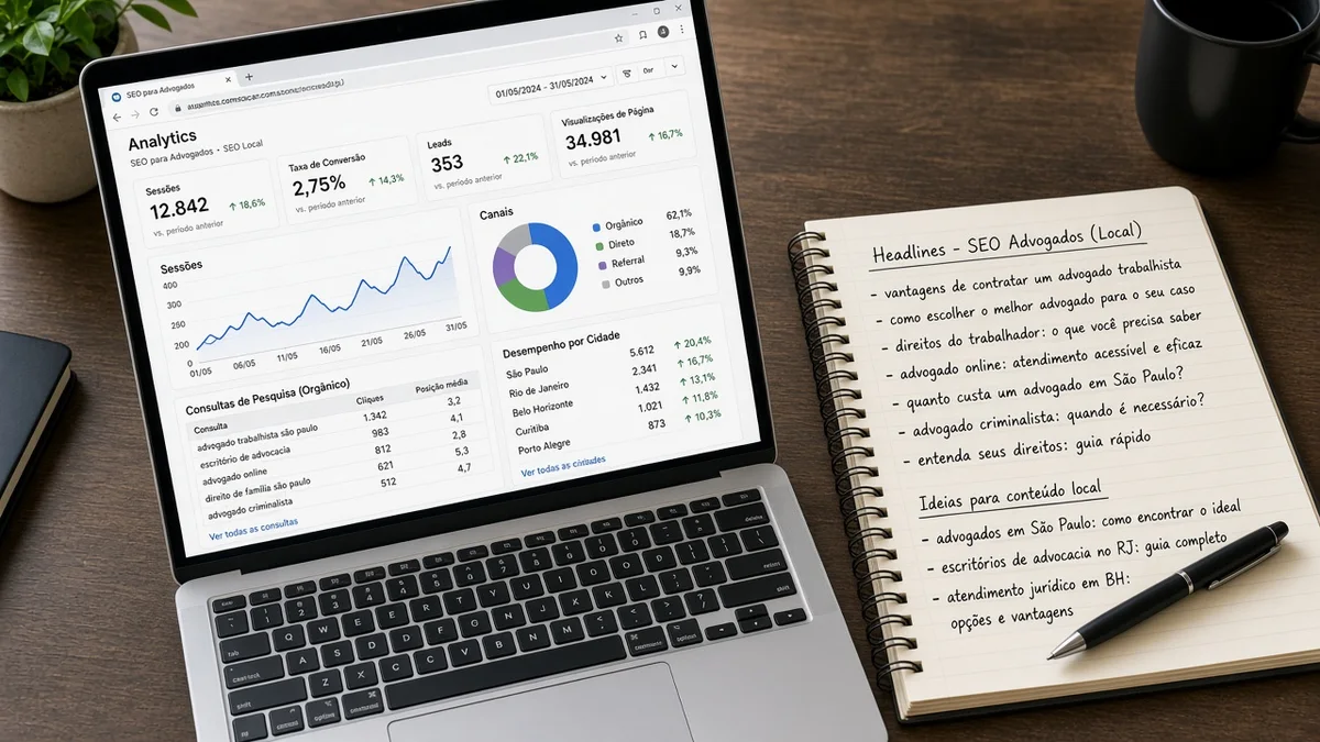 Detalhe prático: tela de analytics aberta ao lado de caderno de headlines, em projeto editorial Zero 1 Page com materiais e luz natural à vista.