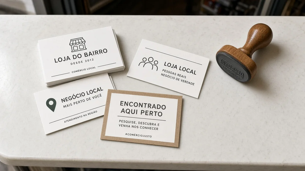 Detalhe prático: cartoes de visita e carimbo de loja espalhados sobre balcao claro, em projeto editorial Zero 1 Page com materiais e luz natural à vista.