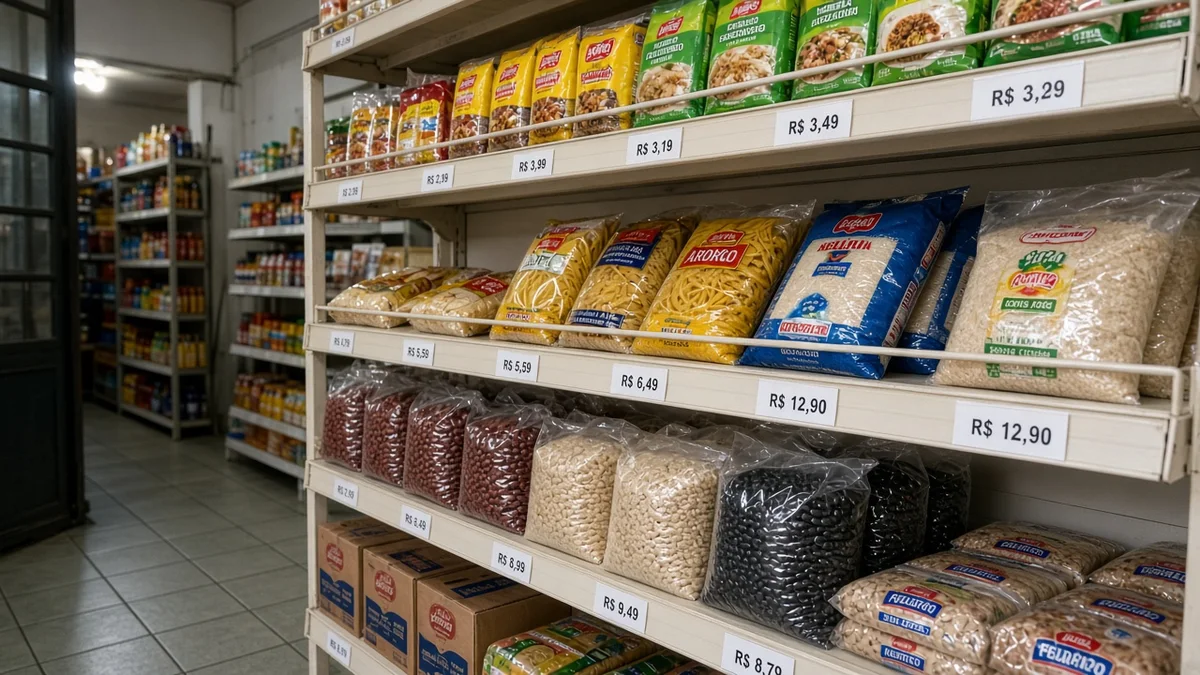 Detalhe prático: prateleira de produtos com etiquetas de preco em loja de bairro, em projeto editorial Zero 1 Page com materiais e luz natural à vista.