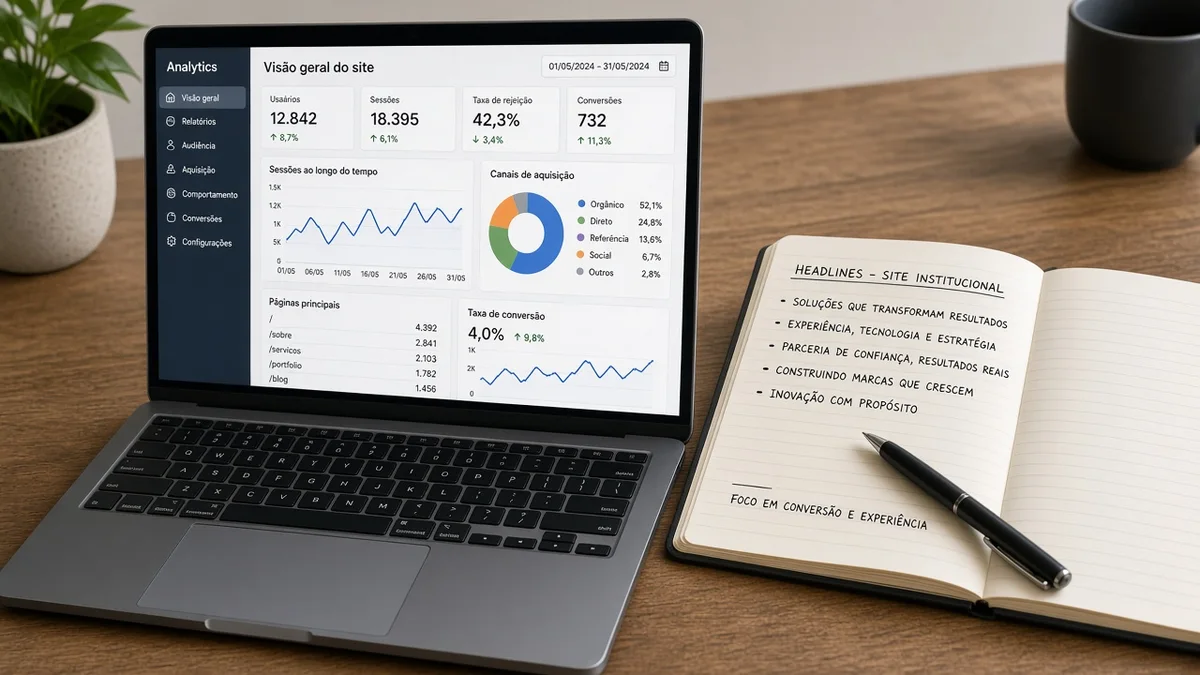 Detalhe prático: tela de analytics aberta ao lado de caderno de headlines, em projeto editorial Zero 1 Page com materiais e luz natural à vista.